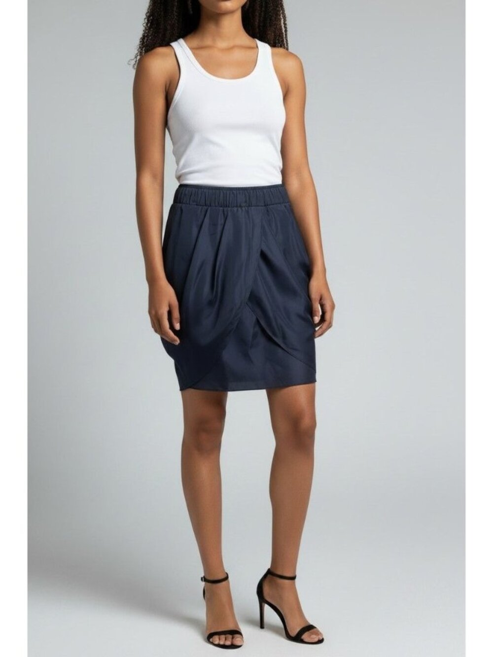 Hinge Women’s Tulip Overlay Pencil Mini Skirt, Navy, Silk, Sz. S